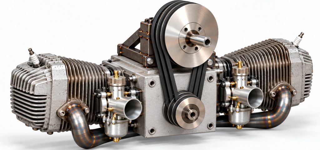 Homemade boxer engine with Planeta-Sport cylinders and belt reduction drive