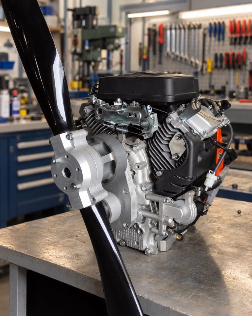 Lifan 80 engine with a belt-drive reduction unit and propeller